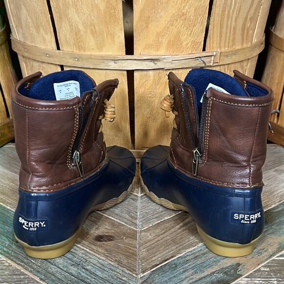 Sperry Saltwater Navy Brown Leather Rubber Waterproof Duck Boots Girls Size 5 - Picture 9 of 12